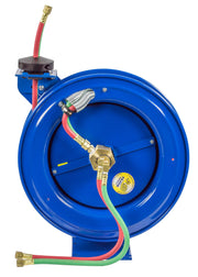 EZ-P-WT-125 by Coxreels | EZ-P-W Series | 200 PSI Dual Hose EZ-Coil Safety Spring Driven Hose Reel for Oxy-Fuel Welding (T-Grade) | 1/4" Hose ID, 1/4" FNPT Inlet x 1/4" MNPT Hose End | Steel | 25ft Neoprene Hose Included