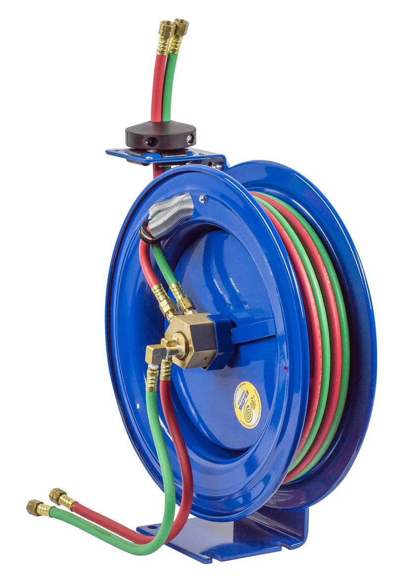 EZ-P-WT-125 by Coxreels | EZ-P-W Series | 200 PSI Dual Hose EZ-Coil Safety Spring Driven Hose Reel for Oxy-Fuel Welding (T-Grade) | 1/4" Hose ID, 1/4" FNPT Inlet x 1/4" MNPT Hose End | Steel | 25ft Neoprene Hose Included