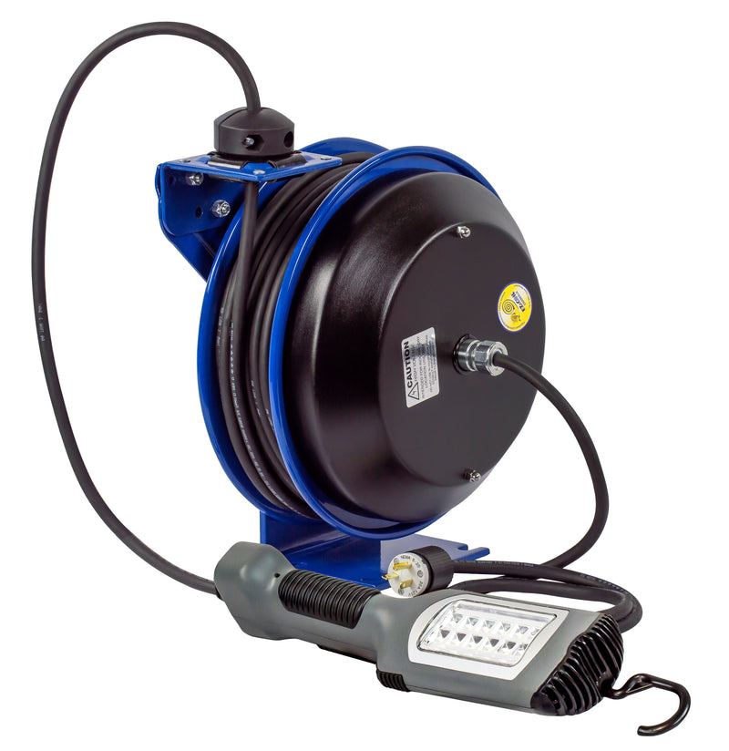 EZ-PC13-5016-K by Coxreels | EZ-PC Series | EZ-Coil Safety Spring Driven Power Cord Reel with LED Light with Tool Tap | 16/3 SJTO Cord, 13A, 115V | Steel | 50ft Cord Included