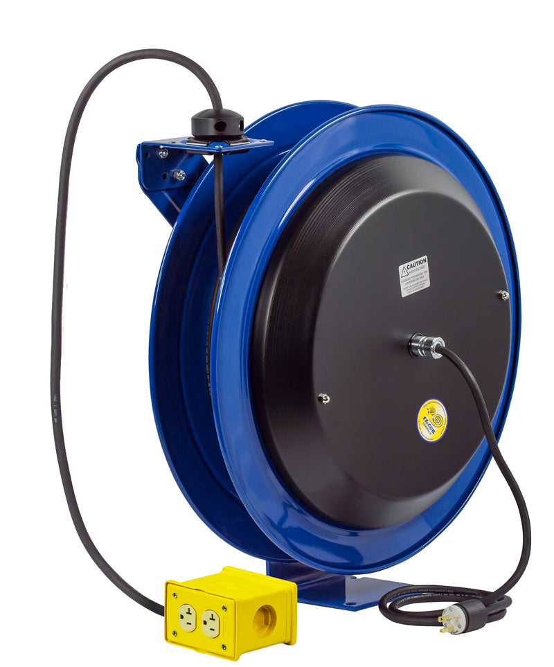 EZ-PC24-0012-B by Coxreels | EZ-PC Series | EZ-Coil Safety Spring Driven Power Cord Reel with Quad Industrial Receptacle | 12/3 SJO Cord, 20A, 115V | Steel | 100ft Cord Included