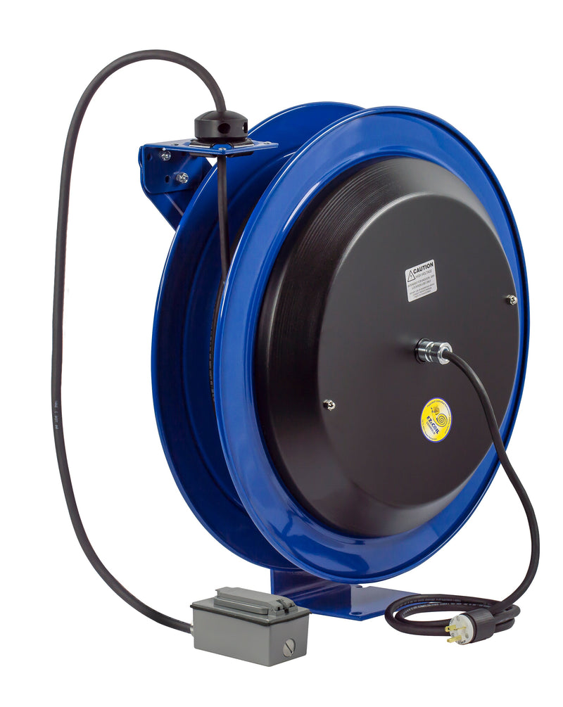 EZ-PC24-0012-F by Coxreels | EZ-PC Series | EZ-Coil Safety Spring Driven Power Cord Reel with Duplex Industrial Receptacle | 12/3 SJO Cord, 20A, 115V | Steel | 100ft Cord Included