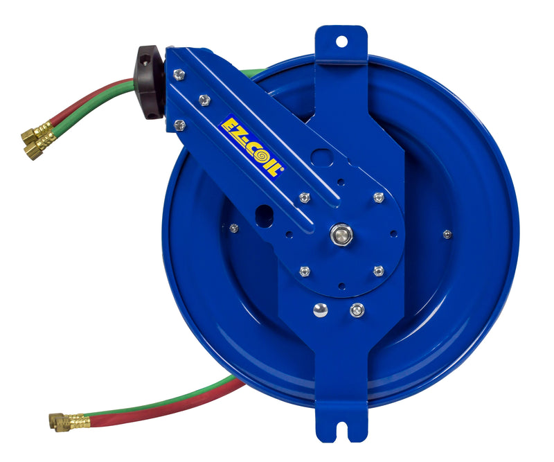 EZ-SG19WT-175 by Coxreels | EZ-SGW Series | 200 PSI Side Mount EZ-Coil Safety Spring Driven Hose Reel with Guide Arm for Oxy-Fuel Welding (T-Grade) | 1/4" Hose ID, 1/4" FNPT Inlet x 1/4" MNPT Hose End | Steel | 75ft Neoprene Hose Included