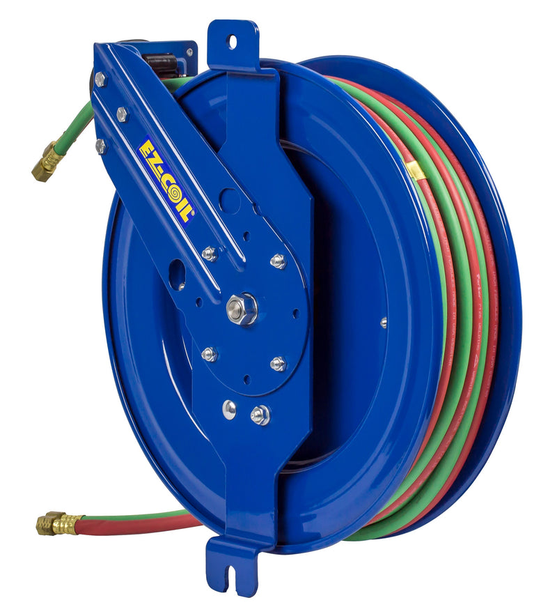 EZ-SG19WT-175 by Coxreels | EZ-SGW Series | 200 PSI Side Mount EZ-Coil Safety Spring Driven Hose Reel with Guide Arm for Oxy-Fuel Welding (T-Grade) | 1/4" Hose ID, 1/4" FNPT Inlet x 1/4" MNPT Hose End | Steel | 75ft Neoprene Hose Included