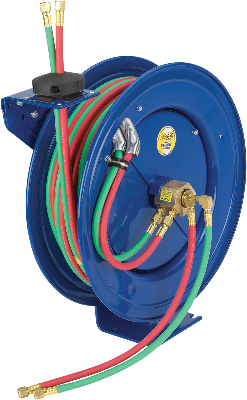 EZ-SHWT-150 by Coxreels | EZ-SHW Series | 200 PSI Dual Hose EZ-Coil Safety Spring Driven Hose Reel for Oxy-Fuel Welding (T-Grade) | 1/4" Hose ID, 1/4" FNPT Inlet x 1/4" MNPT Hose End | Steel | 50ft Neoprene Hose Included
