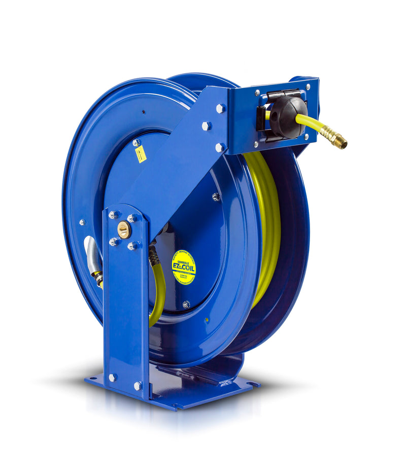 EZ-TSH-350-HV by Coxreels | EZ-T HI-VIS Series | 300 PSI EZ-Coil Safety Spring Driven Hose Reel for Air & Water | 3/8" Hose ID, 3/8" FNPT Inlet x 3/8" MNPT Hose End | Steel | 50ft PVC/Rubber Hybrid Hose Included