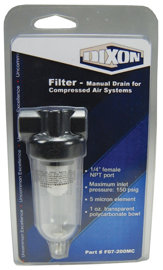 F07-200MC by Dixon Valve | F07 Series 1 | Carded Miniature Filter | 1/4" Port Size | 24 SCFM | Manual Drain | 1 oz. Transparent Bowl