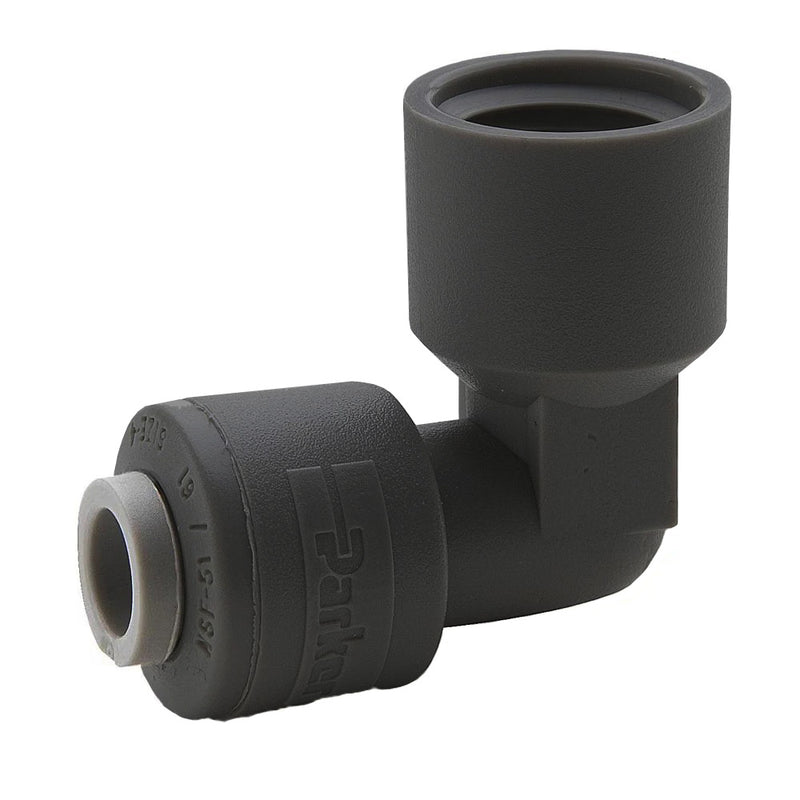 FB6FE4-HBLK by Parker | TrueSeal™ Threaded Fittings | 3/8" Push-to-Connect x 1/4" Female NPT Thread | 90° Elbow | Black | Kynar®