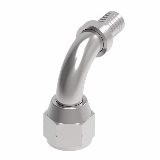 FC6217-0606S Aeroquip by Danfoss | Female SAE 45° Swivel 90° Elbow PTFE Crimp Fitting | FC Series | Nipple Assembly | -06 Female SAE 45° Swivel x -06 Hose Barb | Steel