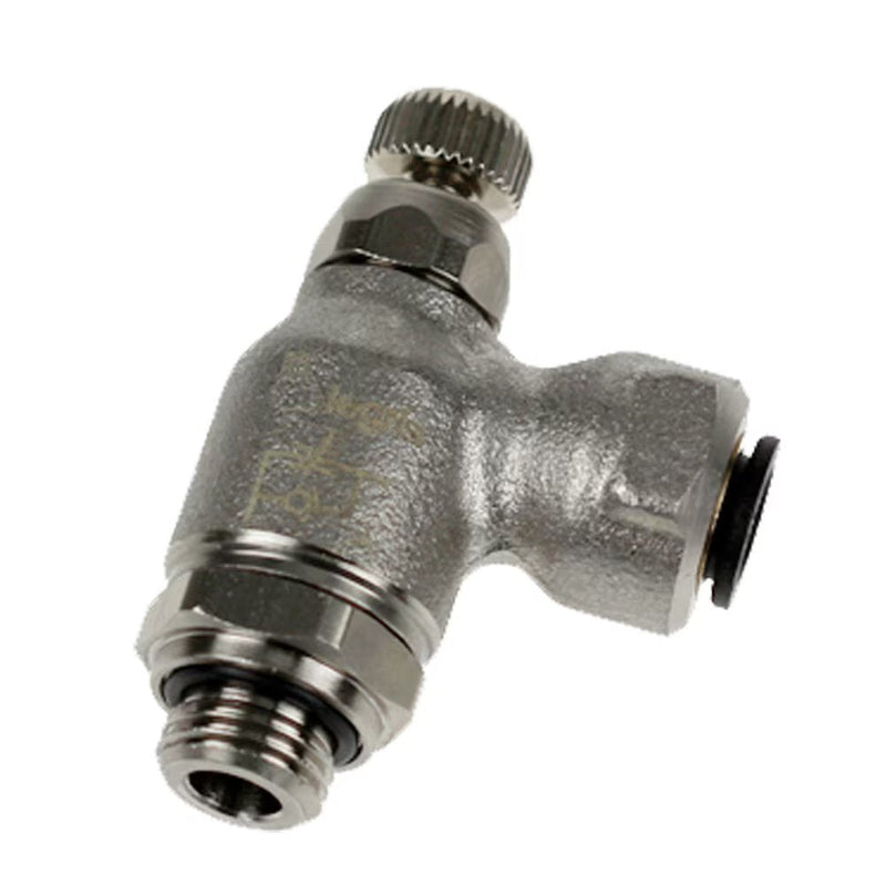 FC701-8M-2G by Parker | Push-to-Connect Meter Out Metal Flow Control | 8 mm Push-to-Connect x 1/8" Male BSPP Thread | 19 mm Height | 90° Elbow | Nickel Plated Brass | Pack of 5