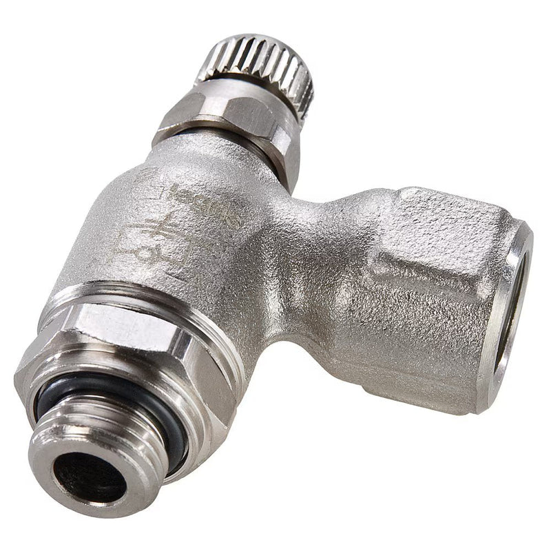 FCI702-4G by Parker | Threaded Port Meter In Metal Flow Control | 1/4" Female BSPP x 1/4" Male BSPP Thread | 19 mm Height | 90° Elbow | Nickel Plated Brass | Pack of 5