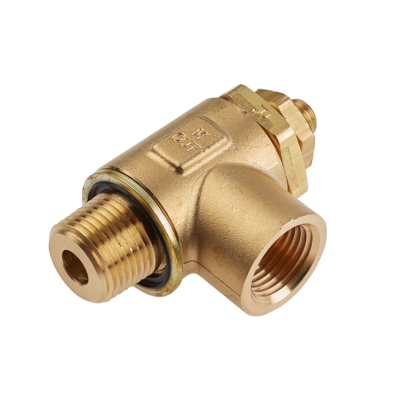 FC703-8G by Parker | Threaded Port Meter Out Metal Flow Control | 1/2" Female NPT x 1/2" Male BSPP Thread | 1-1/8" Hex | 2.72" Length | 90° Elbow | Brass
