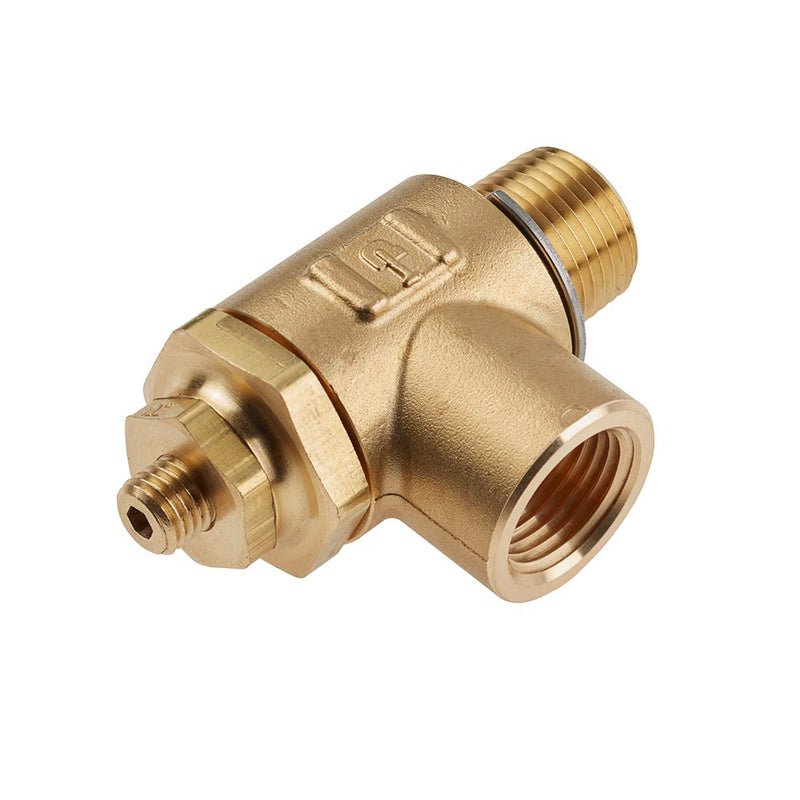 FC703-6 by Parker | Threaded Port Meter Out Metal Flow Control | 3/8" Female NPT x 3/8" Male NPT Thread | 15/16" Hex | 2.44" Length | 90° Elbow | Brass