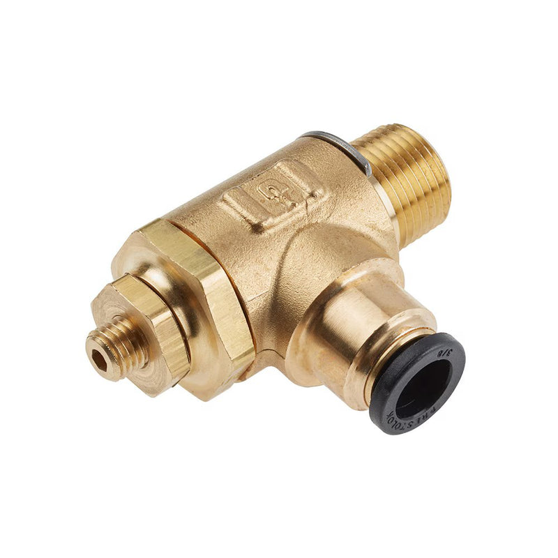 FC703-6-4 by Parker | Push-To-Connect Meter Out Metal Flow Control | 3/8" Push-to-Connect x 1/4" Male NPT Thread | 15/16" Hex | 2.52" Length | 90° Elbow | Brass