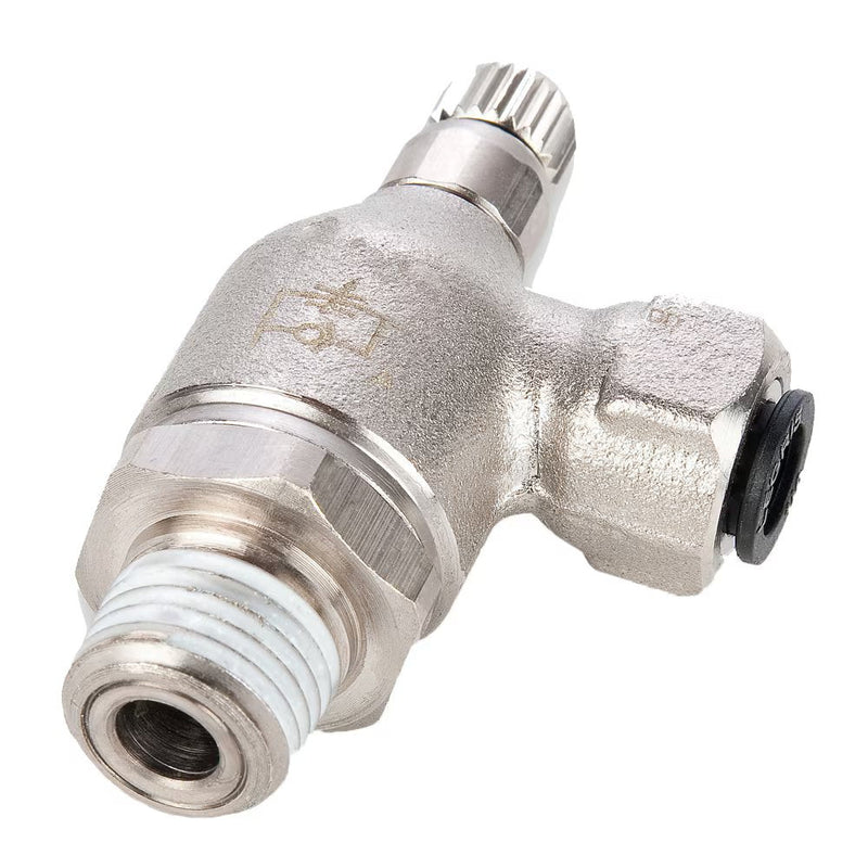 FC705-4-2 by Parker | Push-to-Connect Meter Out Metal Flow Control | 1/4" Push-to-Connect x 1/8" Male NPT Thread | 19 mm Height | 90° Elbow | Nickel Plated Brass | Pack of 5