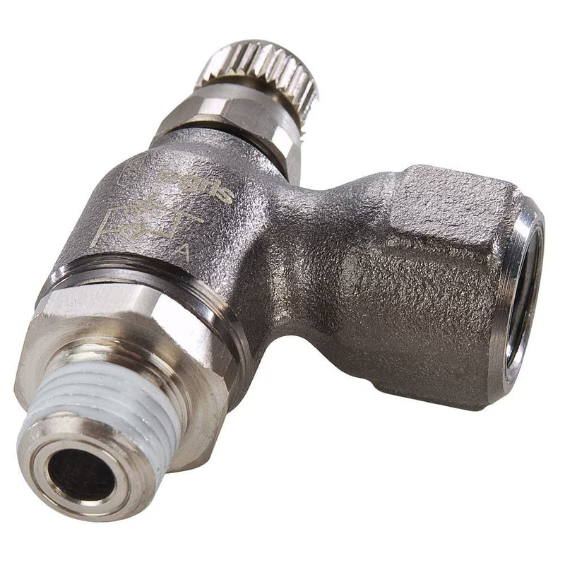 FC708-8 by Parker | Threaded Port Meter Out Flow Control | 1/2" Female NPT x 1/2" Male NPT Thread | 25 mm Height | 90° Elbow | Nickel Plated Brass 