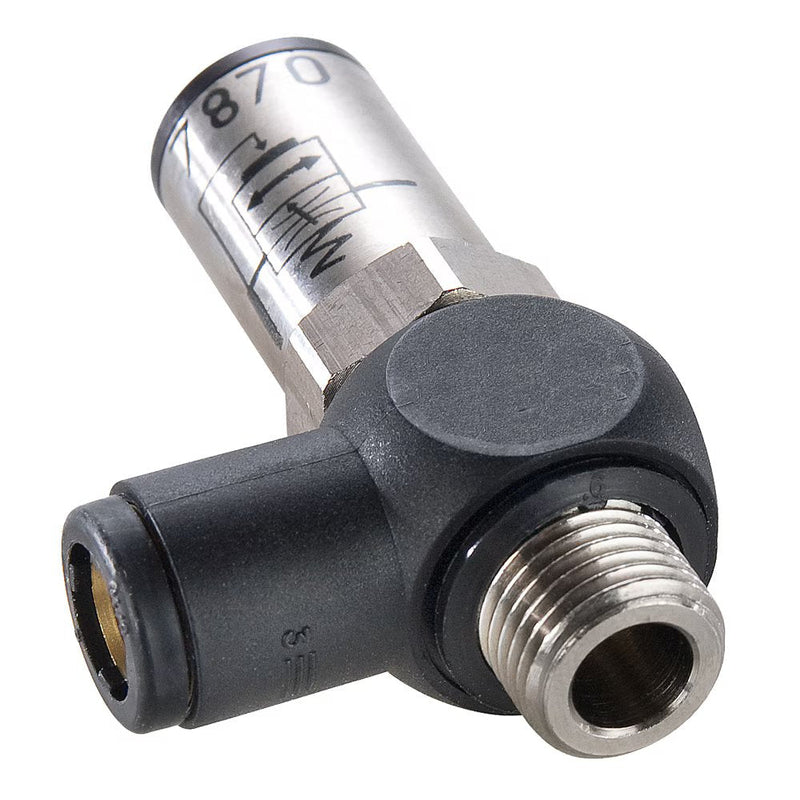 FC908-8M-4G by Parker | Slow Start Fittings | 8 mm Push-to-Connect x 1/4" Male BSPP Thread | 17 mm Hex | 90° Elbow | Nickel-Plated Brass