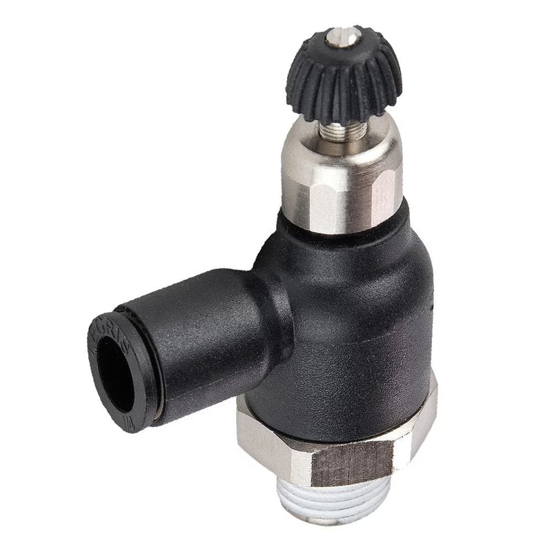FCC731-6-6 by Parker | Compact Flow Controls | 3/8" Push-to-Connect x 3/8" Male NPT Thread | .91" Hex 1 | .67" Hex 2 | 90° Elbow | Composite Polymer | Pack of 5