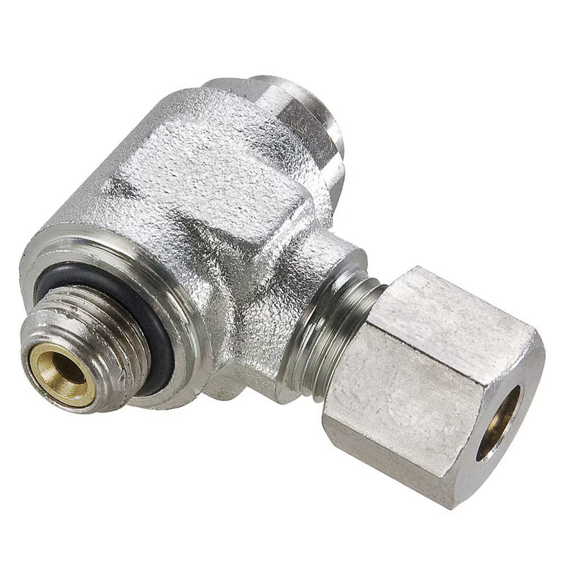 FCK701C-10M-4G by Parker | Knobless Compression Metal Flow Control | 10 mm Compression x 1/4" Male BSPP Thread | 19 mm Height | 90° Elbow | Nickel Plated Brass 