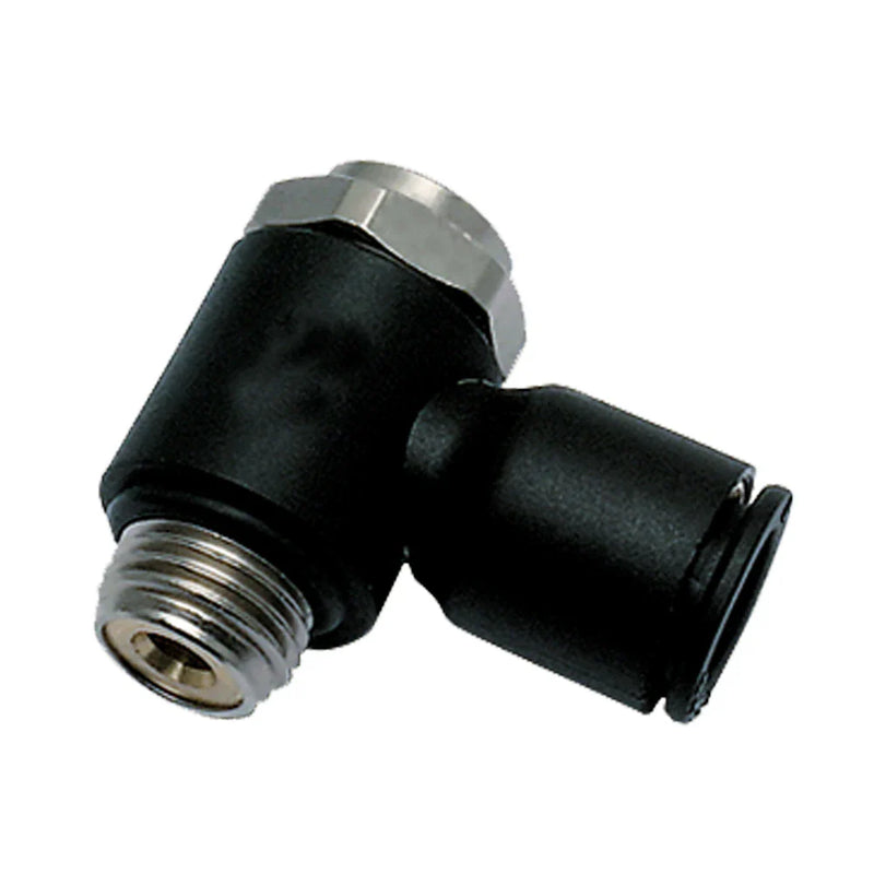 FCKCI731-8M-4G by Parker | Compact Flow Controls | 8 mm Push-to-Connect x 1/4" Male BSPP Thread | 17 mm Hex | 90° Elbow | Composite Polymer | Pack of 10