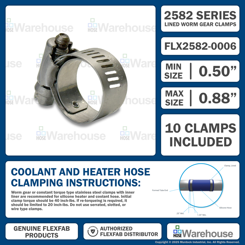 FLX2582-0006 by FlexFab | Series 2582 | Lined Worm Gear Clamps | 0.50" Min Dia | 0.88" Max Dia | 10 Per pack