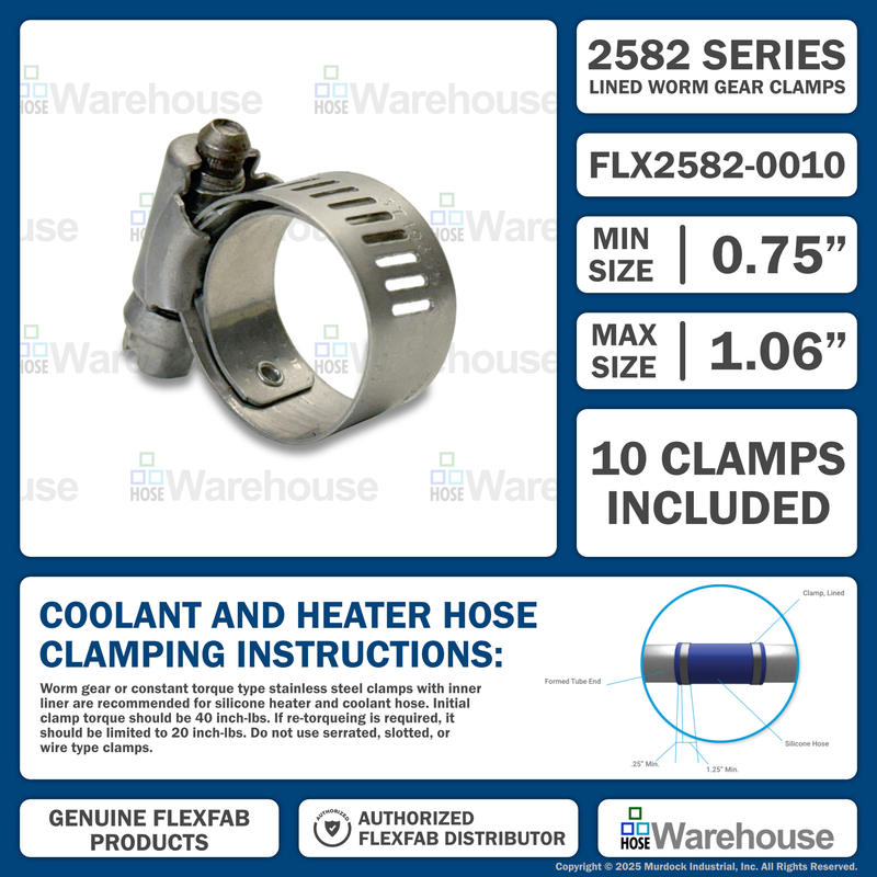 FLX2582-0010 by FlexFab | Series 2582 | Lined Worm Gear Clamps | 0.75" Min Dia | 1.06" Max Dia | 10 Per pack