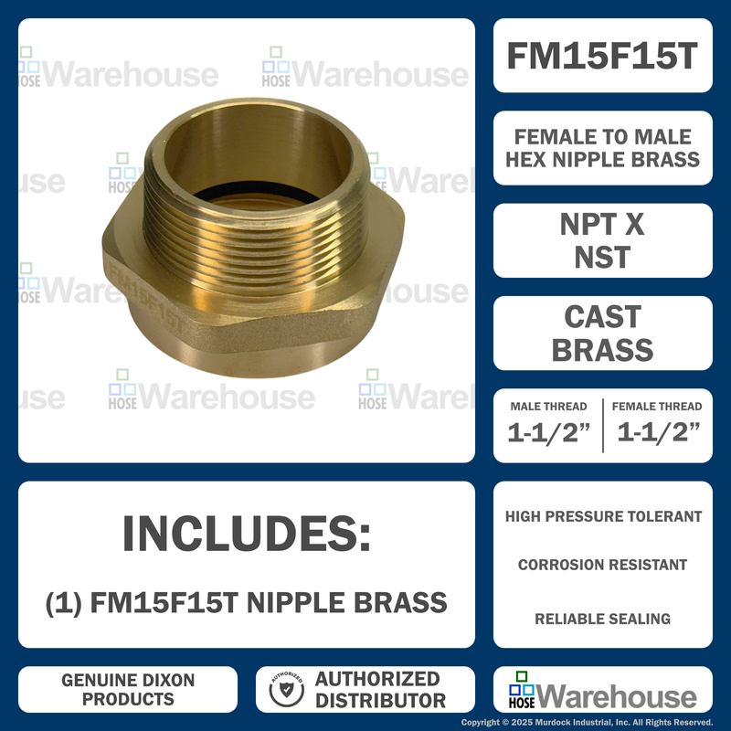FM15F15T Dixon Cast Brass Female to Male Hex Nipple - 1-1/2" Female NST(NH) x 1-1/2" Male NPT