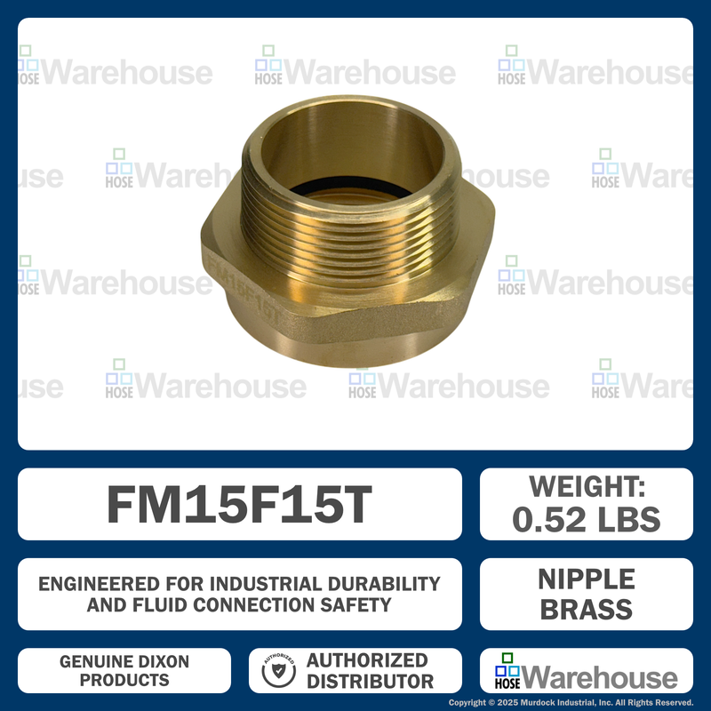 FM15F15T Dixon Cast Brass Female to Male Hex Nipple - 1-1/2" Female NST(NH) x 1-1/2" Male NPT
