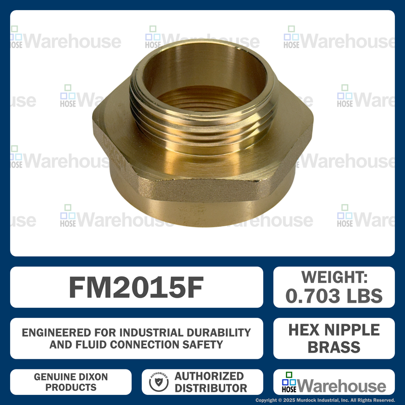 FM2015F Dixon Cast Brass Female to Male Hex Nipple - Increaser / Reducer - 2" Female NPT x 1-1/2" Male NST(NH)