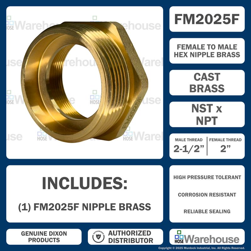 FM2025F Dixon Cast Brass Female to Male Hex Nipple - Increaser / Reducer - 2" Female NPT x 2-1/2" Male NST(NH)