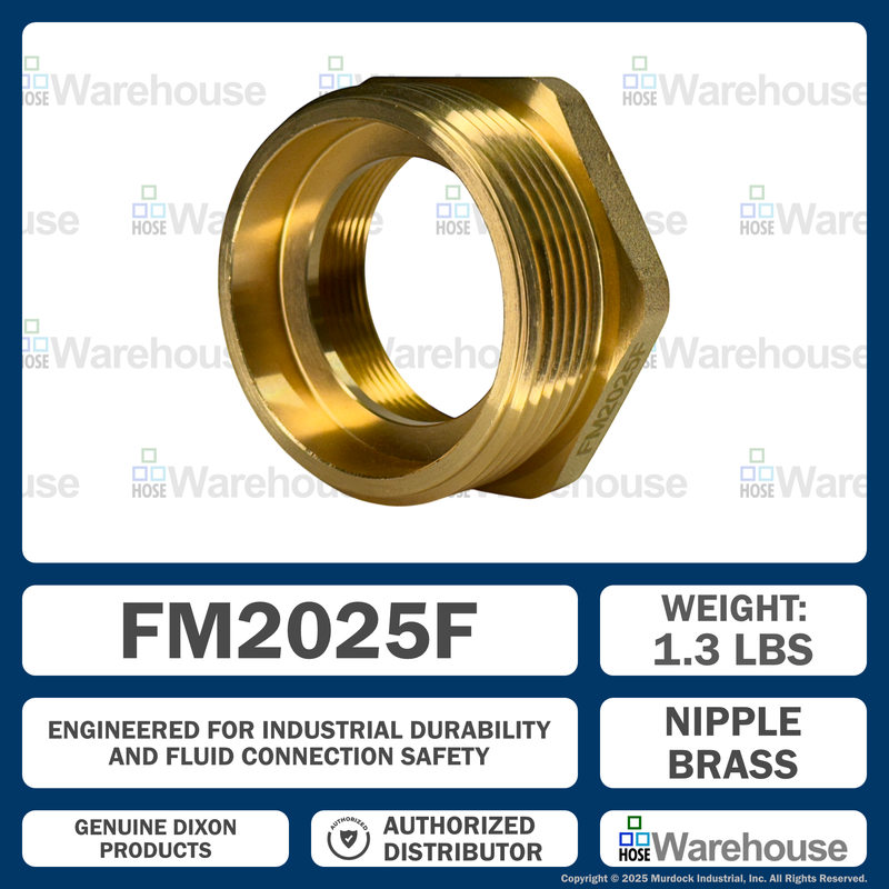 FM2025F Dixon Cast Brass Female to Male Hex Nipple - Increaser / Reducer - 2" Female NPT x 2-1/2" Male NST(NH)