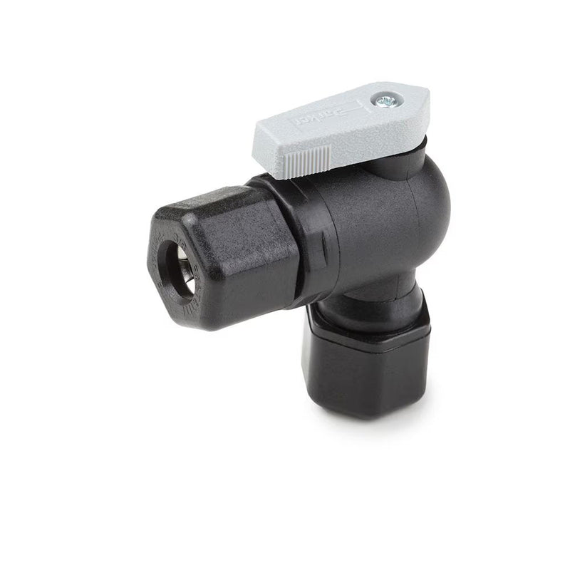 FTPPB6VEU4 by Parker | Ball Valve | 3/8" Tube Size 1 x 1/4" Tube Size 2 | 2.37" Length | 90° Elbow | Black | Polypropylene