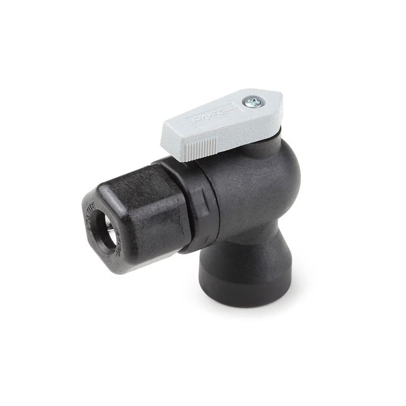 FTPPB6VFE6 by Parker | Ball Valve | 3/8" Tube Size x 3/8" Female NPTF Thread | 2.26" Length | 90° Elbow | Black | Polypropylene