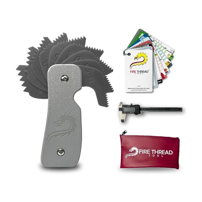 Fire Thread Identification Kit | Includes: Fire Hydrant Fitting Thread Gauge Tool, Calipers, Fitting Identification Cards, Vinyl Bag for identifying NH/NST, STORZ Connection, NPT Taper, NPSH Straight, Cam and Groove