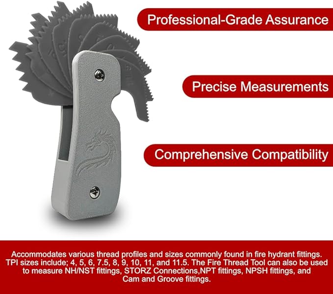 Fire Thread Identification Kit | Includes: Fire Hydrant Fitting Thread Gauge Tool, Calipers, Fitting Identification Cards, Vinyl Bag for identifying NH/NST, STORZ Connection, NPT Taper, NPSH Straight, Cam and Groove
