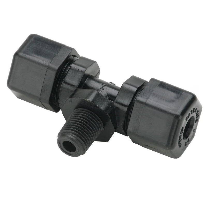 P4MT2 by Parker | Threaded Fitting | 1/4" Tube OD x 1/8" Male NPTF Thread | 11/16" Hex | 2.18" Length | Tee | Black | Polypropylene