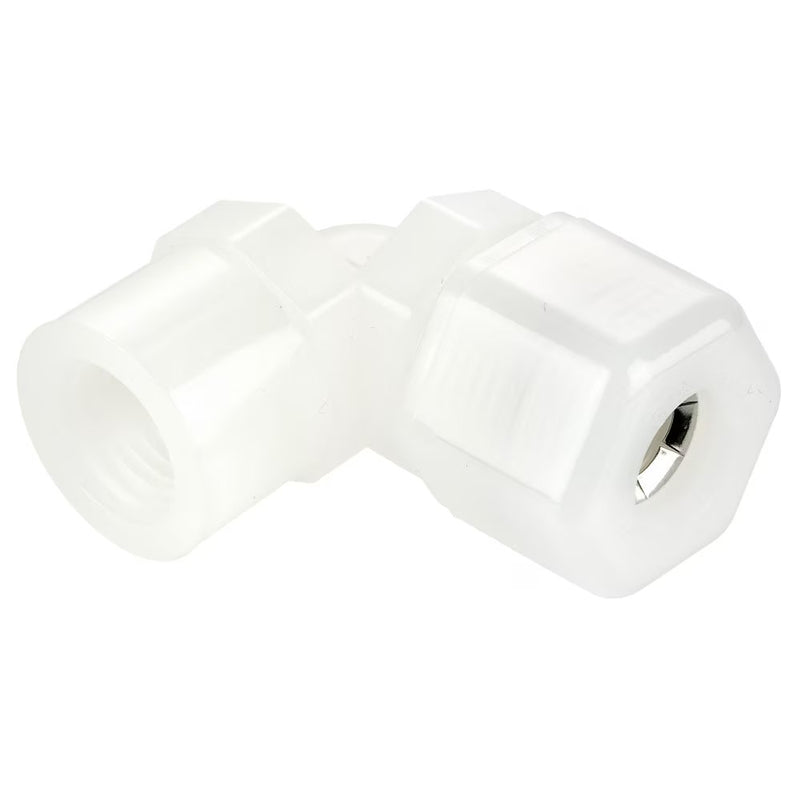 N8FE8 by Parker | Threaded Fitting | 1/2" Tube OD x 1/2" Female NPTF Thread | 1" Hex | 90° Elbow | Natural | Nylon