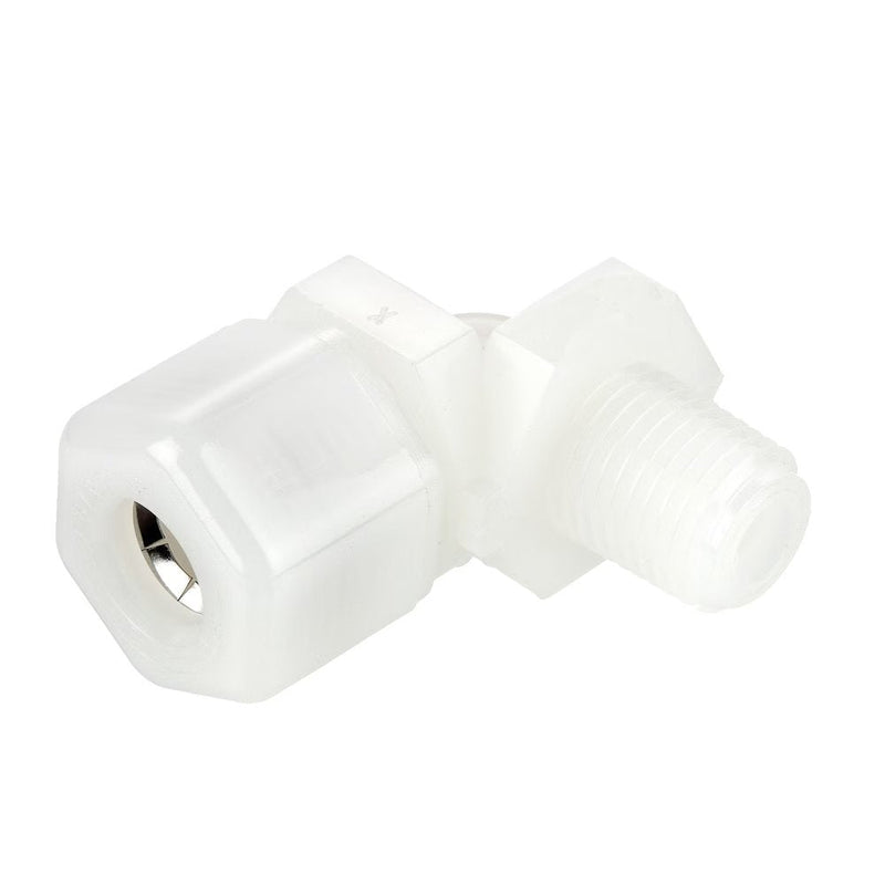 N8ME4 by Parker | Threaded Fitting | 1/2" Tube OD x 1/4" Male NPTF Thread | 1-1/16" Hex | 90° Elbow | Natural | Nylon
