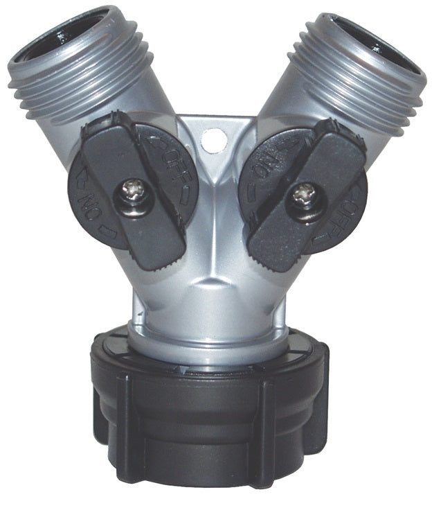 GHYV by Dixon Valve | Garden Hose Twin Shut-Off Valve | 3/4" Female GHT Inlet | 3/4" Male GHT Twin Outlets | Powder-Coated Zinc