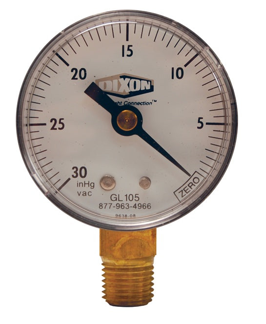 GL105 by Dixon Valve | Vacuum Gauge | Lower Mount | 2" Face | 1/4" Lower Mount | ABS Plastic