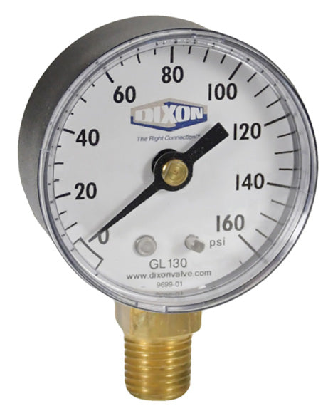 GL130 by Dixon Valve | Standard Dry Gauge | Lower Mount | 2" Face | 1/4" Lower Mount | 0-160 PSI Range | ABS Plastic