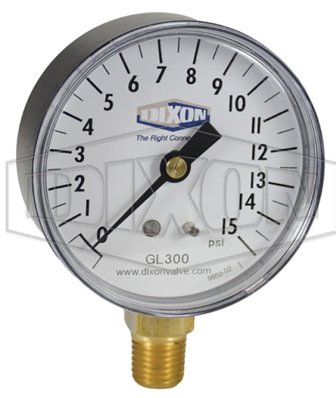 GL300 by Dixon Valve | Standard Dry Gauge | Lower Mount | 2-1/2" Face | 1/4" Lower Mount | 0-15 PSI Range | ABS Plastic