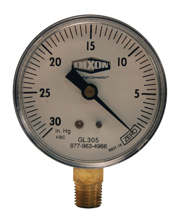 GL305 by Dixon Valve | Vacuum Gauge | Lower Mount | 2-1/2" Face | 1/4" Lower Mount | ABS Plastic