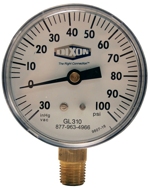 GL310 by Dixon Valve | Compound Gauge | Lower Mount | 2-1/2" Face | 1/4" Lower Mount | 0-100 PSI Range | ABS Plastic