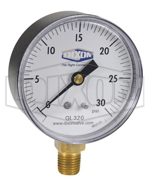 GL320 by Dixon Valve | Standard Dry Gauge | Lower Mount | 2-1/2" Face | 1/4" Lower Mount | 0-30 PSI Range | ABS Plastic