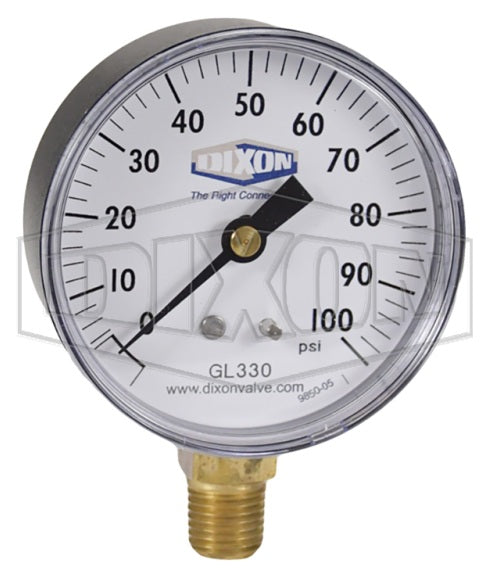 GL330 by Dixon Valve | Standard Dry Gauge | Lower Mount | 2-1/2" Face | 1/4" Lower Mount | 0-100 PSI Range | ABS Plastic