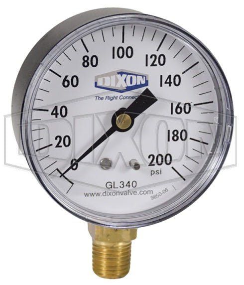 GL340 by Dixon Valve | Standard Dry Gauge | Lower Mount | 2-1/2" Face | 1/4" Lower Mount | 0-200 PSI Range | ABS Plastic