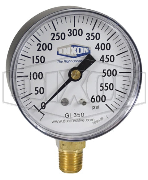 GL350 by Dixon Valve | Standard Dry Gauge | Lower Mount | 2-1/2" Face | 1/4" Lower Mount | 0-600 PSI Range | ABS Plastic