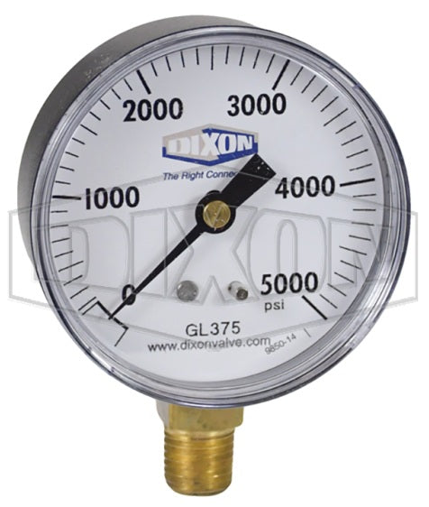 GL375 by Dixon Valve | Standard Dry Gauge | Lower Mount | 2-1/2" Face | 1/4" Lower Mount | 0-5000 PSI Range | ABS Plastic