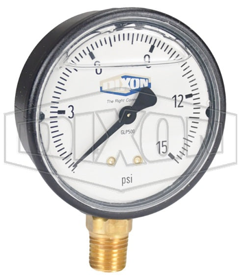 GLP500 by Dixon Valve | Liquid Filled Gauge | Lower Mount | 2-1/2" Face | 1/4" Lower Mount | 0-15 PSI Range | ABS Plastic Case