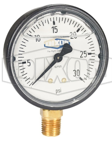 GLP505 by Dixon Valve | Liquid Filled Gauge | Lower Mount | 2-1/2" Face | 1/4" Lower Mount | 0-30 PSI Range | ABS Plastic Case
